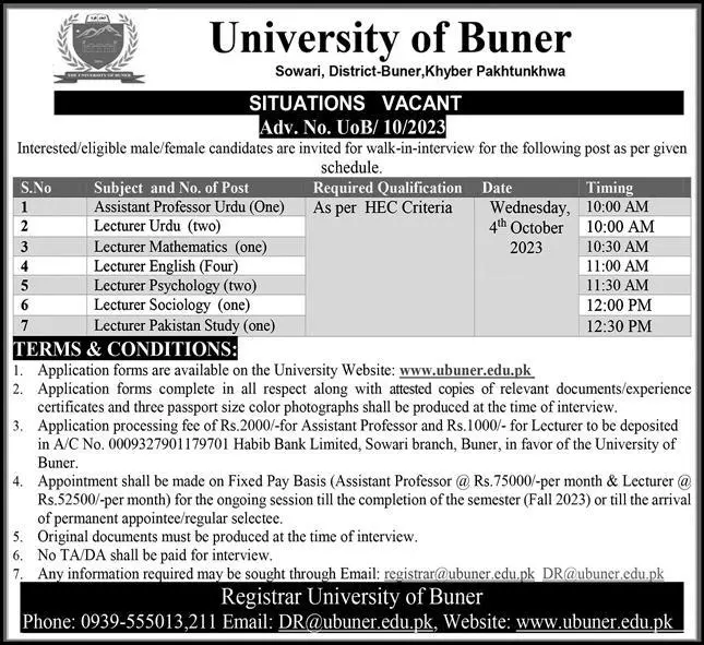 University Of Buner Khyber Pakhtunkhwa Jobs 2023 Jobs 2023 — original advertisement