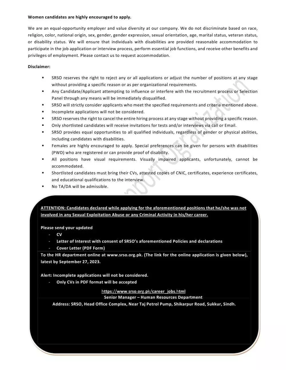 Sindh Rural Support Program SRSP Jobs 2023 – Public Sector Organization Jobs 2023 — original advertisement