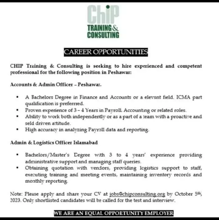 Chip Traning Consulting Pvt Limiited Peshawar Jobs 2023 – Chip Training Consulting Pvt Ltd Jobs 2023 — original advertisement