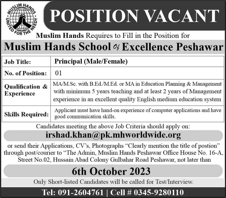 Muslim Hands Peshawar Jobs 2023 Jobs 2023 — original advertisement