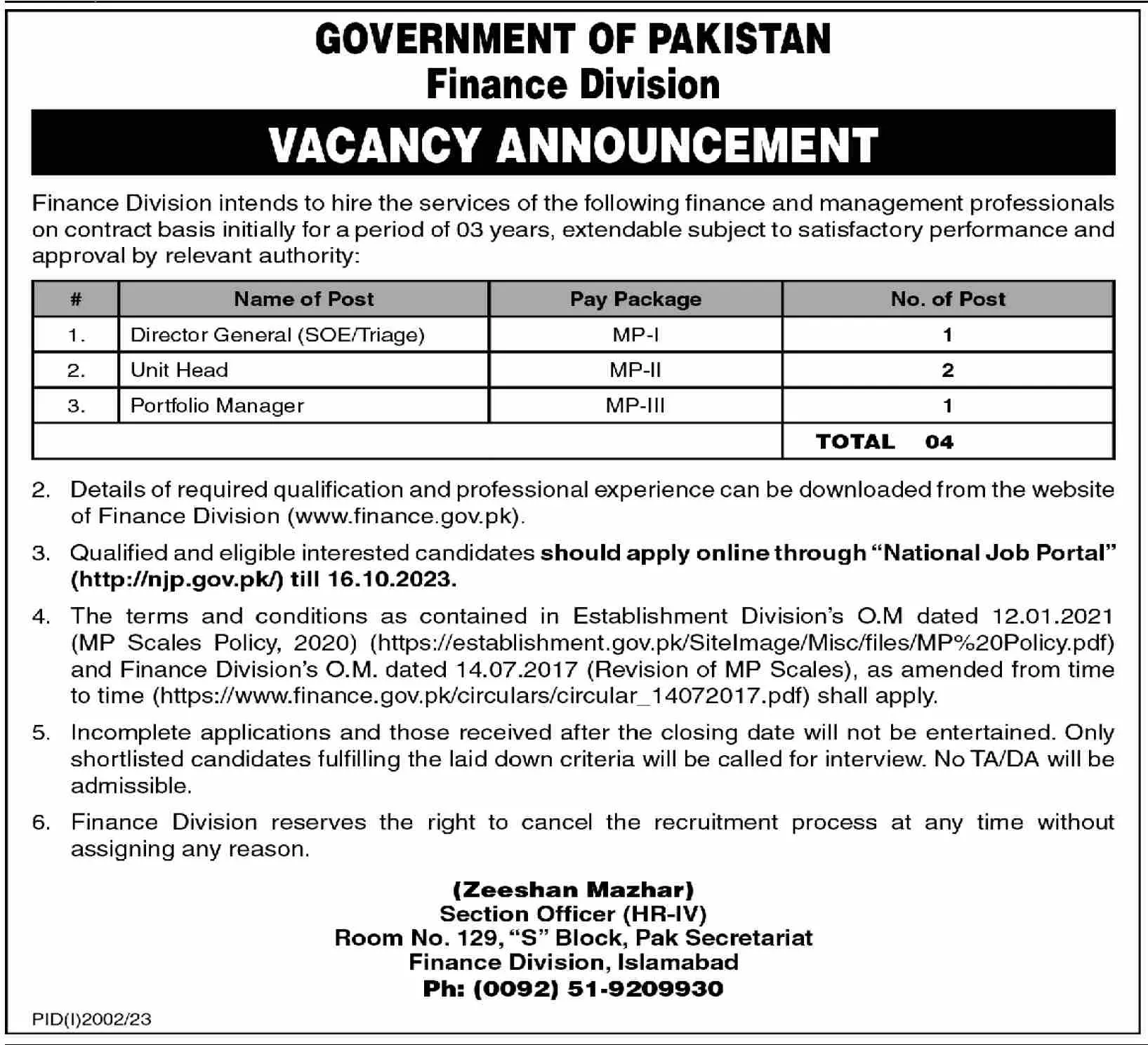 Finance Division Islamabad Jobs 2023 Jobs 2023 — original advertisement