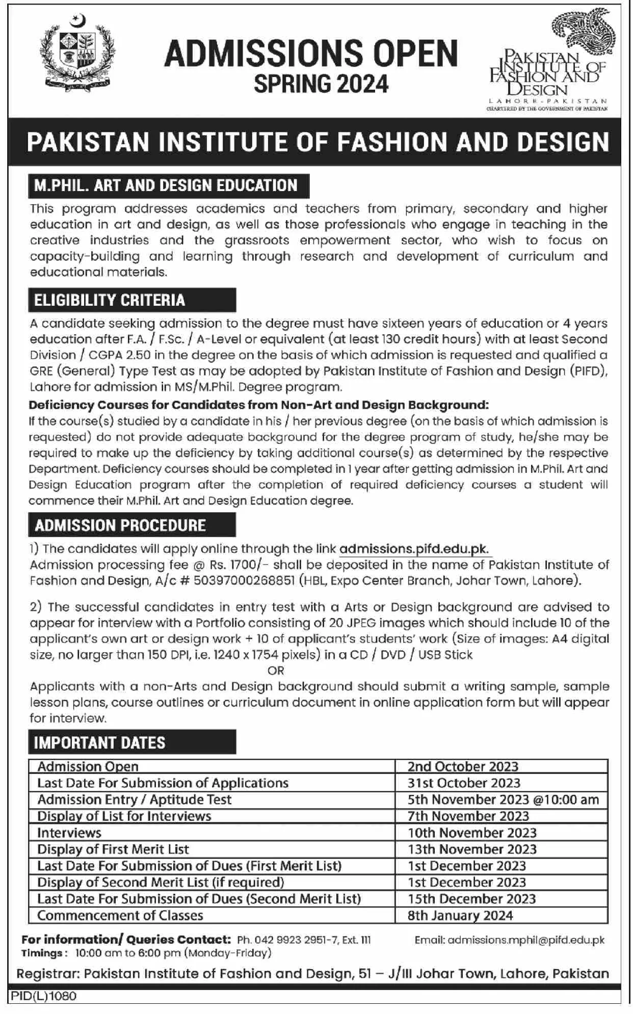 Pakistan Institute of Fashion and Design Admissions 2023 – Pakistan Institute of Fashion and Design PIFD Lahore Admissions 2023 — original advertisement