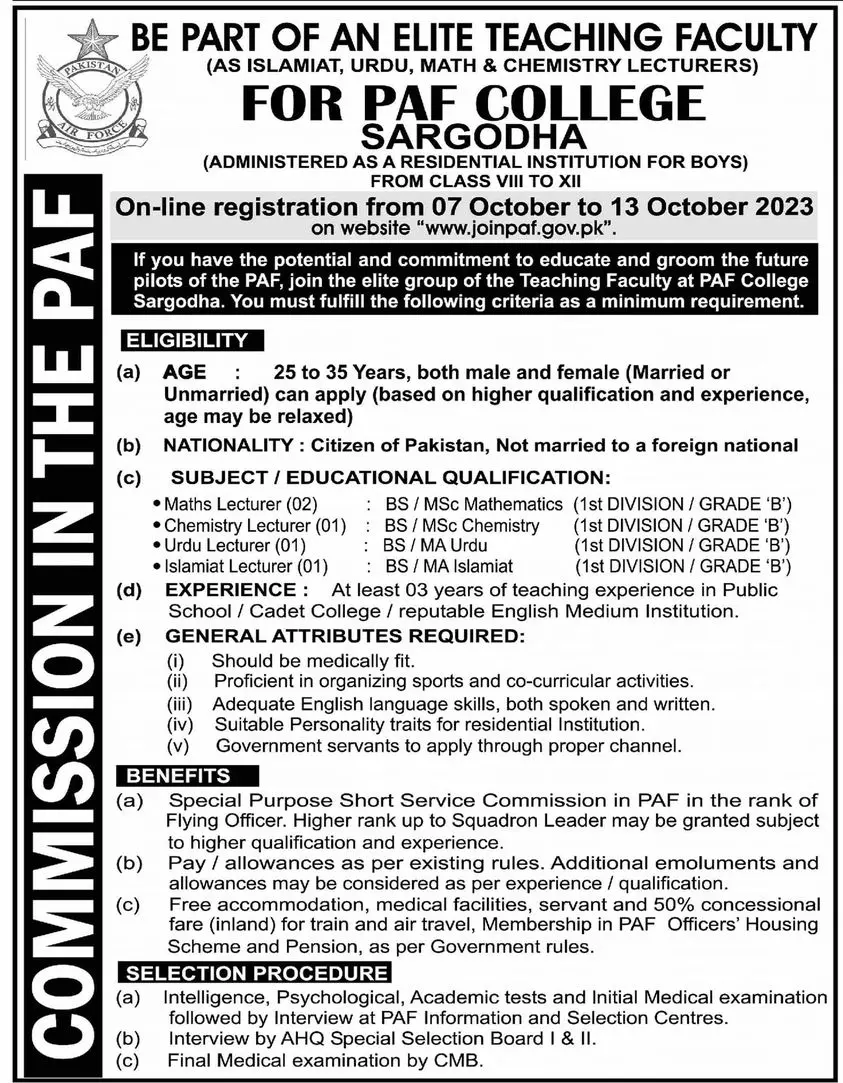PAF College Sargodha Punjab Jobs 2023 – PAF Cadet College Sargodha Jobs 2023 — original advertisement