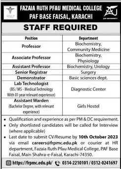 Fazaia Ruth PFAU Medical College Karachi Jobs 2023 – Fazaia Schools & Colleges Jobs 2023 — original advertisement