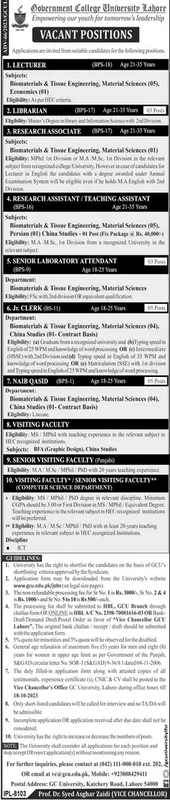 Government College University GCU Lahore Jobs 2023 – Government College University Lahore Jobs 2023 — original advertisement