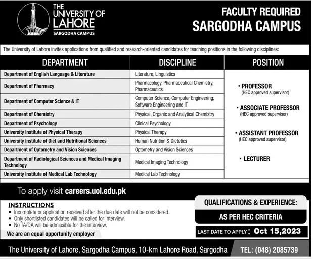 The University Of Lahore UOL Sargodha  Jobs 2023 Jobs 2023 — original advertisement