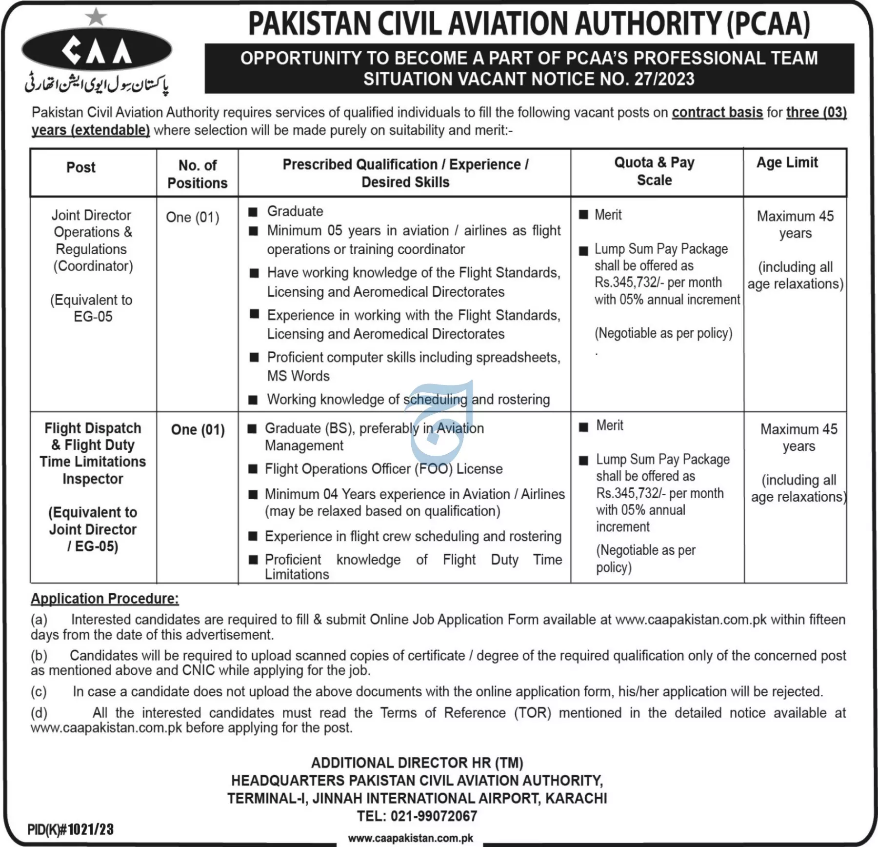Pakistan Civil Aviation Authority PCAA Jobs 2023 – Pakistan Civil Aviation Authority (CAA) Jobs 2023 — original advertisement