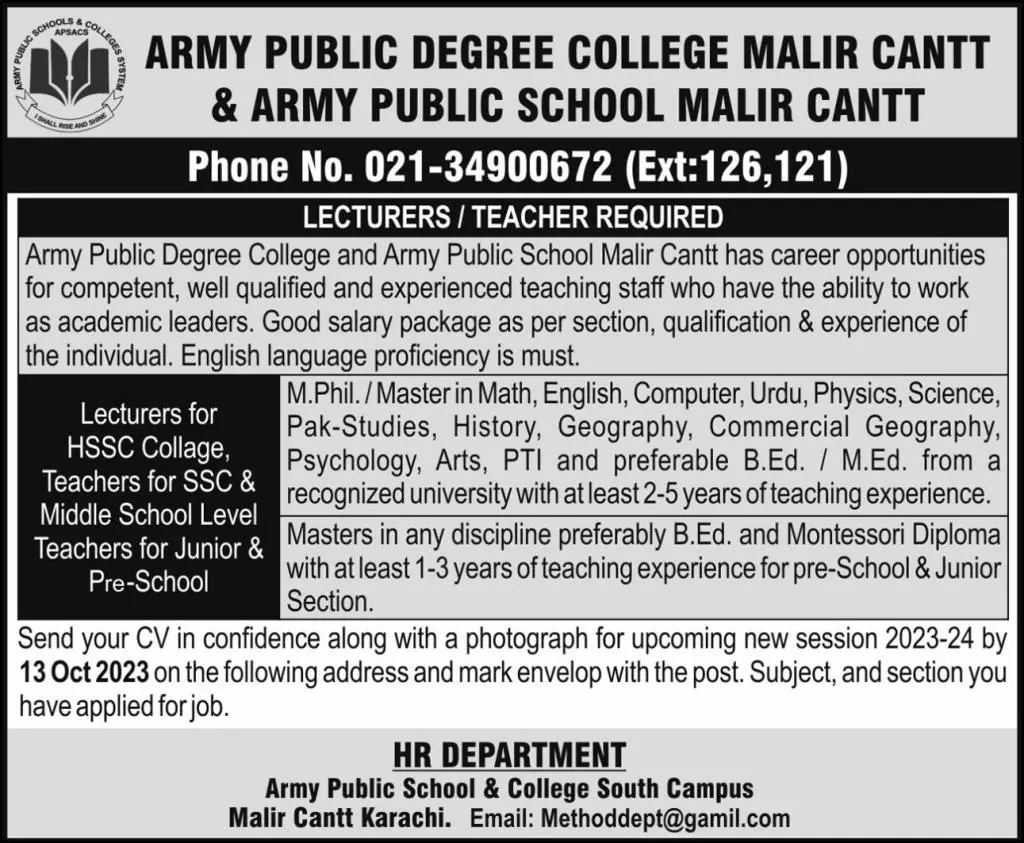 Army Public Degree College Malir Cantt Karachi Jobs 2023 – Army Public School & College Paksitan Jobs 2023 — original advertisement