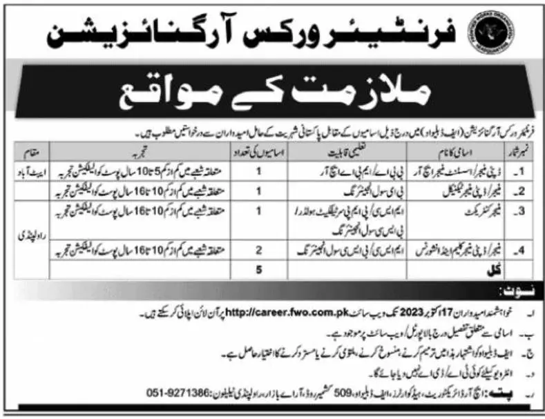 Frontier Works Organization Rawalpindi Jobs 2023 Jobs 2023 — original advertisement