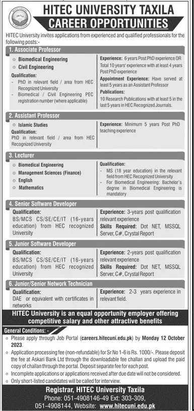 HITEC University Taxila Punjab Jobs 2023 Jobs 2023 — original advertisement