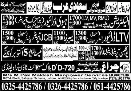 Electrician And Labor Jobs 2023 In Saudi Arabia – M Pak Makkah Manpower Services Jobs 2023 — original advertisement