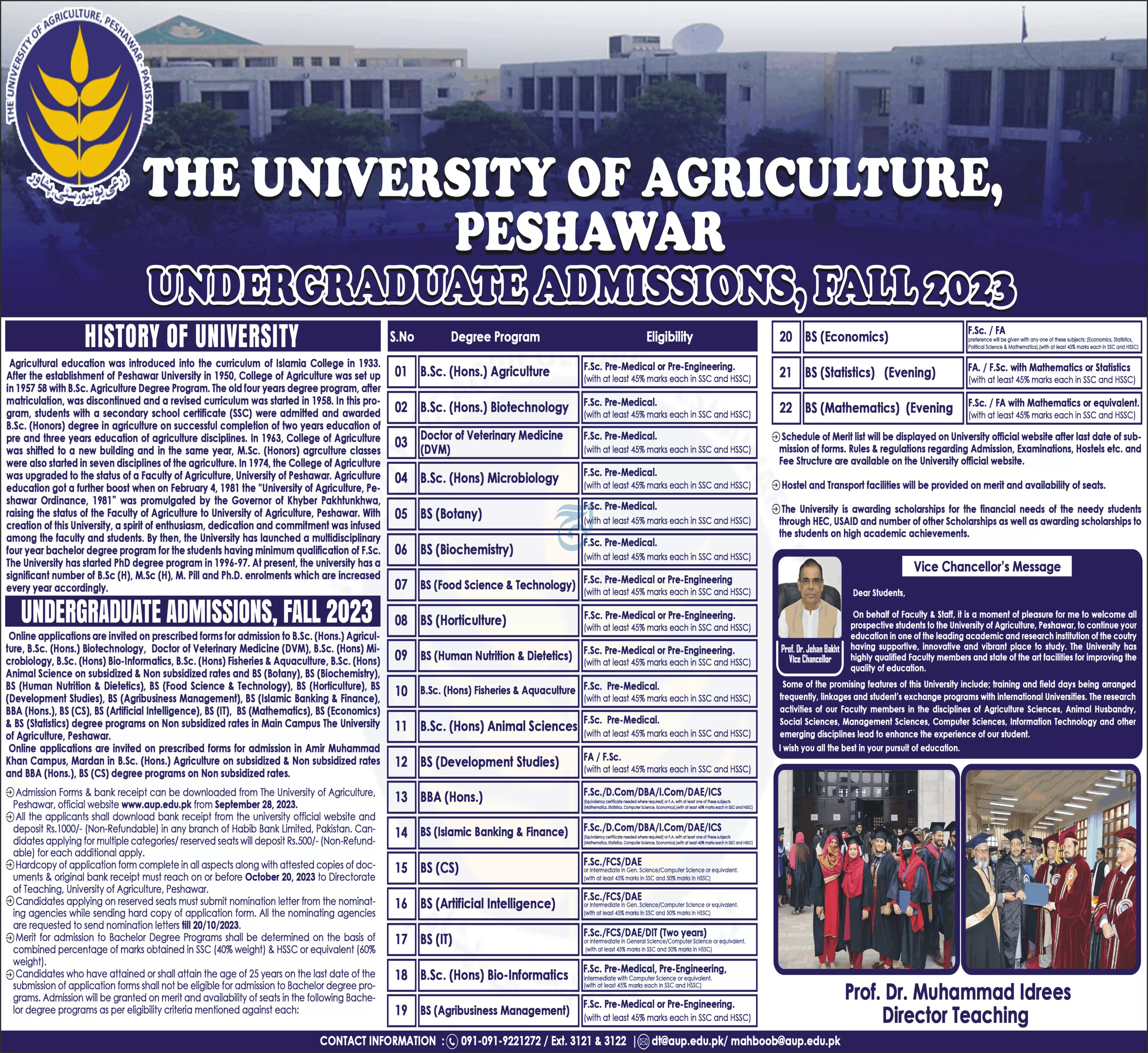 The University of Agriculture Peshawar Admissions 2023 – University of Agriculture, Peshawar Admissions 2023 — original advertisement