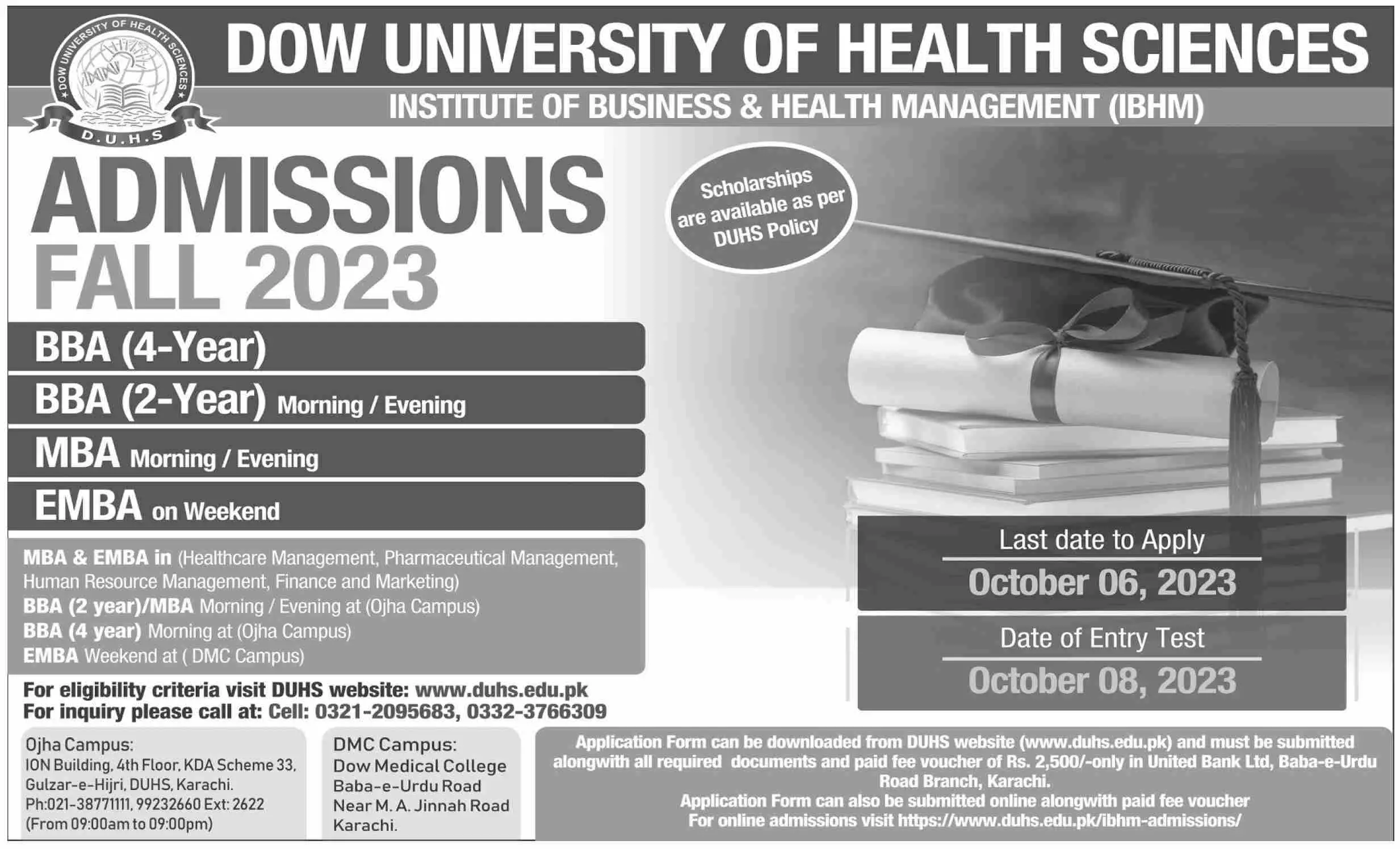 Dow University of Health Sciences Karachi Admissions 2023 Admissions 2023 — original advertisement