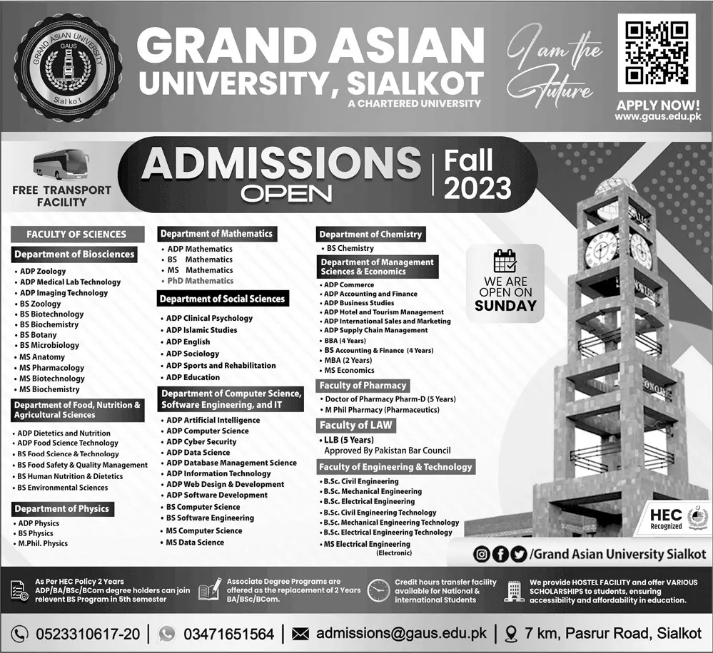 Grand Asian University Sialkot Admissions 2023 Admissions 2023 — original advertisement