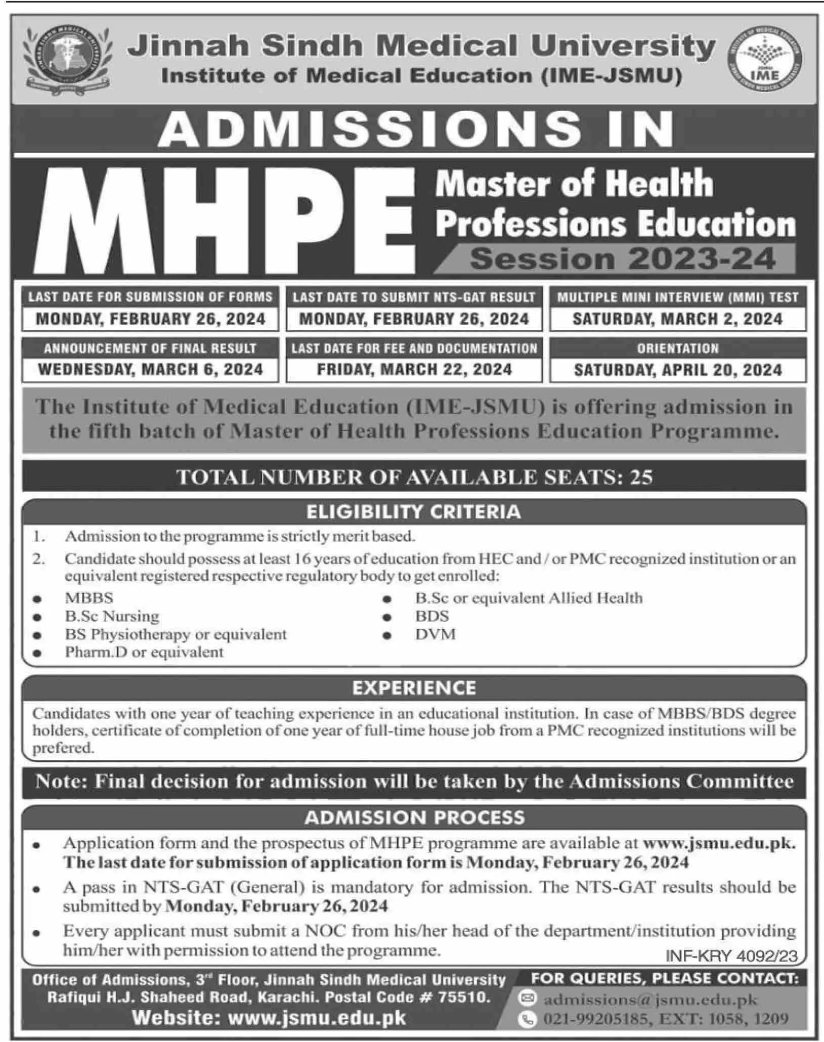 Jinnah Sindh Medical University Admissions open 2024 – Jinnah Sindh Medical University Karachi Admissions 2023 — original advertisement