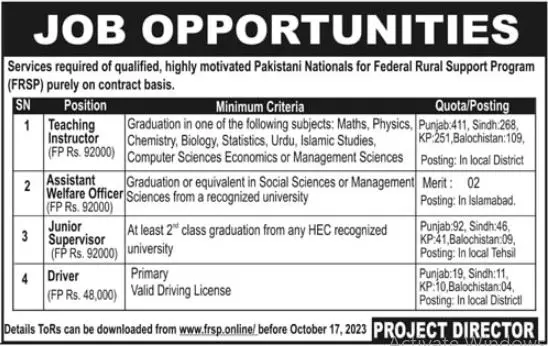 Federal Rural Support Program FRSP Peshawar Jobs 2023 Jobs 2023 — original advertisement