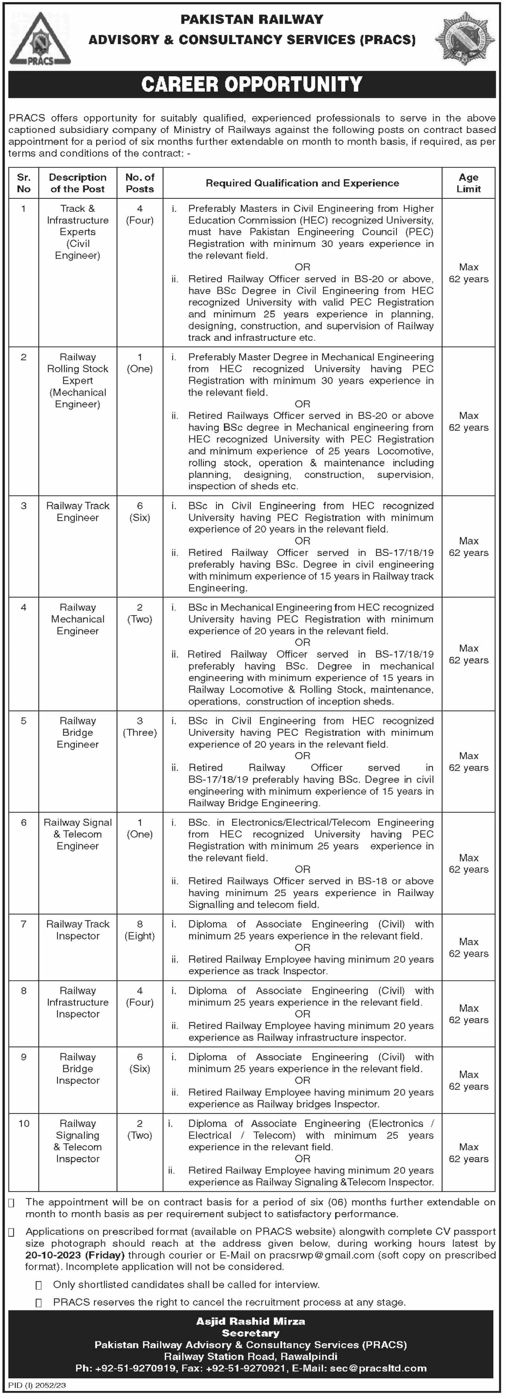 Pakistan Railway Advisory & Consultancy Services Jobs 2023 – Ministry of Railways Islamabad Jobs 2023 — original advertisement