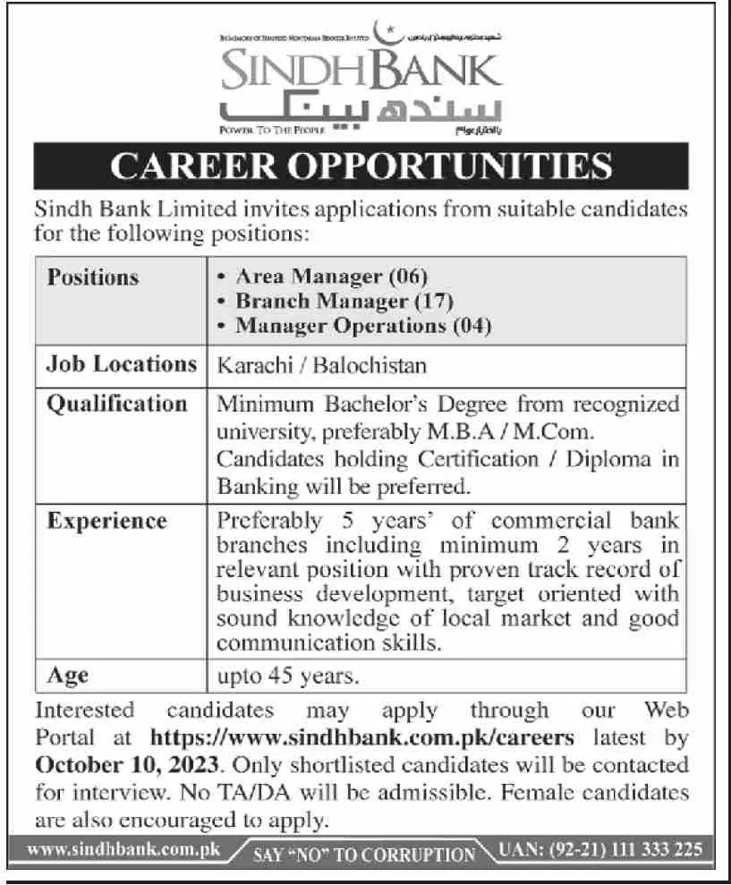 Sindh Bank Limited Management Jobs 2023 Jobs 2023 — original advertisement