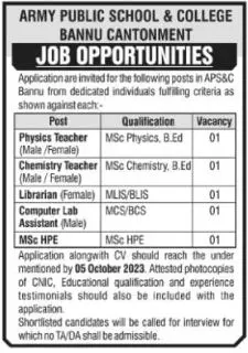Army Public School & College Bannu Khyber Pakhtunkhwa Jobs – Army Public School & College Paksitan Jobs 2023 — original advertisement