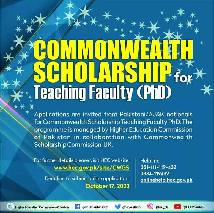 Commonwealth Scholarship for Teaching Faculty (PhD) 2023 – Higher Education Commission Islamabad Scholarships 2023 — original advertisement