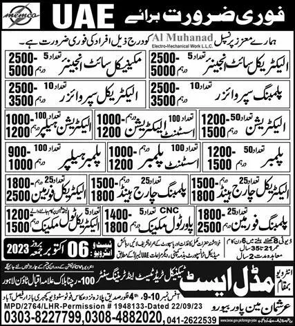 Electrical Site Engineer & Plumbing Supervisor Jobs 2023 – Middle East Technical Trade Test & Training Center Jobs 2023 — original advertisement