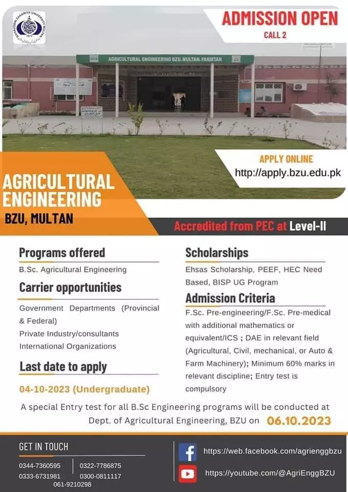 Agricultural Engineering BZU Multan Admissions 2023 – Bahauddin Zakariya University Multan Admissions 2023 — original advertisement