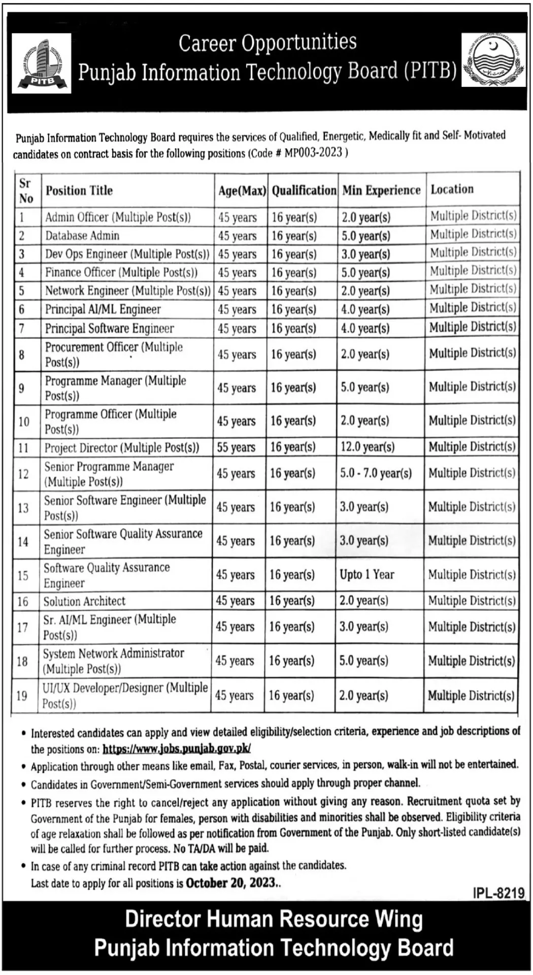 Punjab Information Technology Board PITB Lahore Jobs 2023 Jobs 2023 — original advertisement