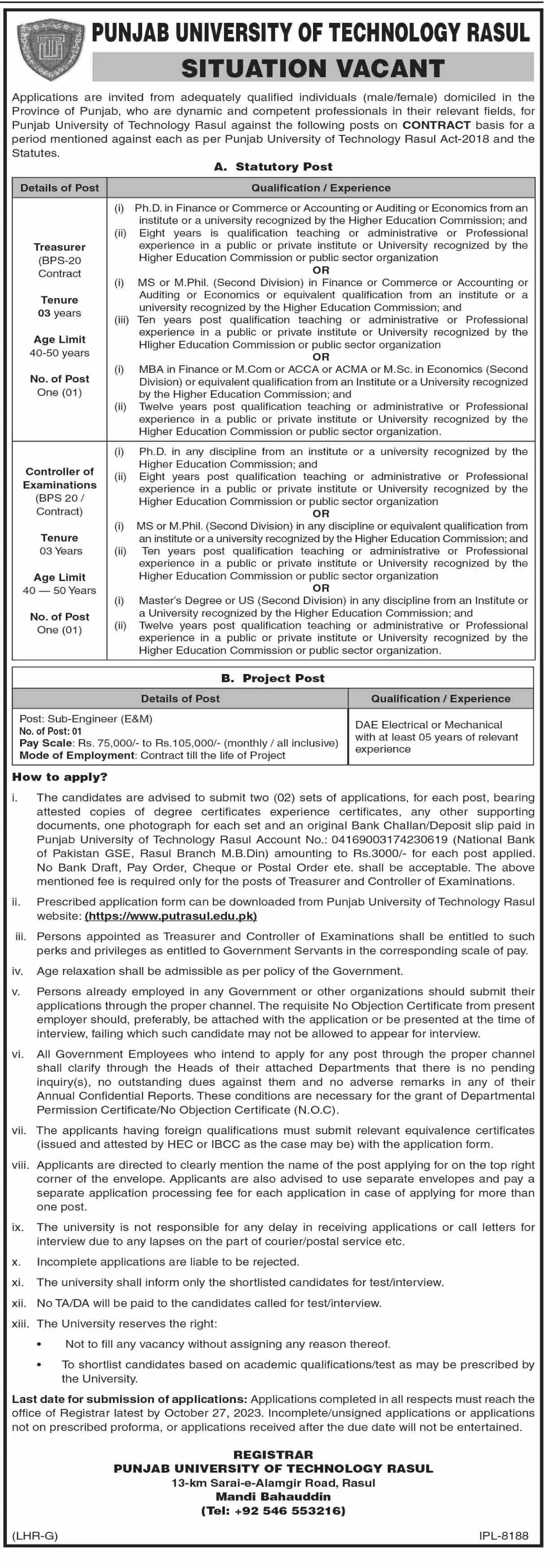 Punjab University Of Technology RasulMandi Bahauddin Jobs – Punjab University of Technology Rasul District Mandi Bahaudin Jobs 2023 — original advertisement