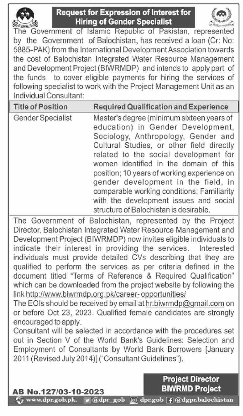 Balochistan Integrated Water Resources Management Quetta Job – Govt of Balochistan Jobs 2023 — original advertisement
