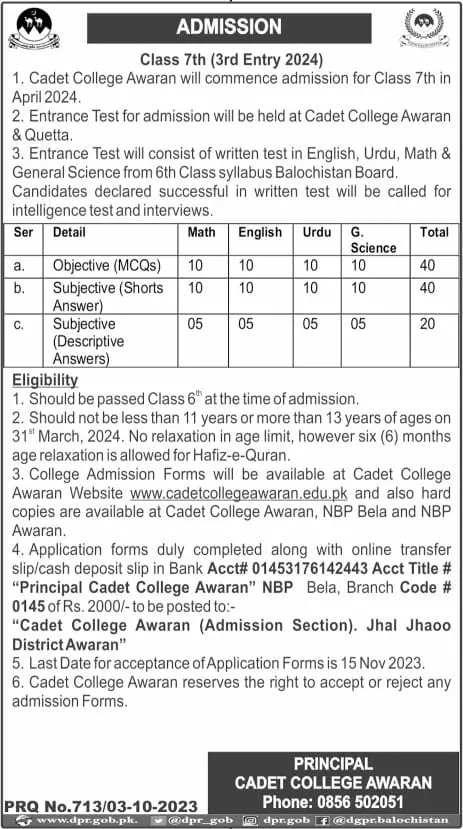 Cadet College Awaran Balochistan Admissions 2023 Admissions 2023 — original advertisement