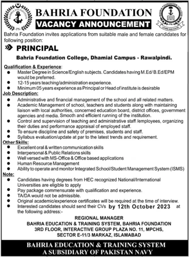 Bahria Foundation Rawalpindi Jobs 2023 Jobs 2023 — original advertisement