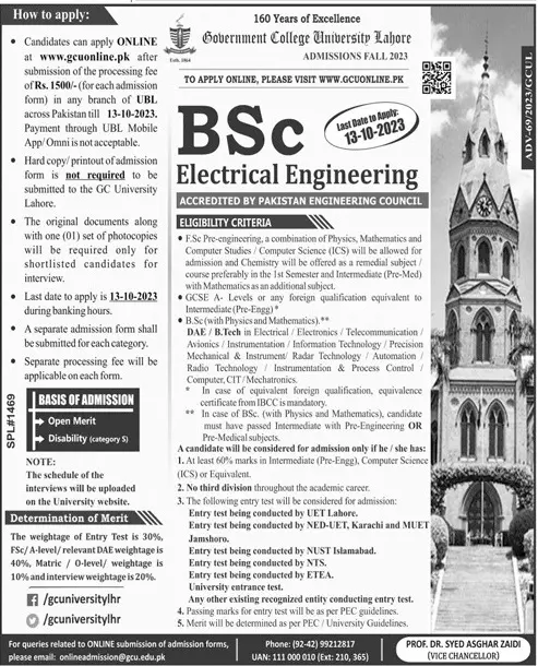 Government College University Lahore Admissions Fall 2023 Admissions 2023 — original advertisement