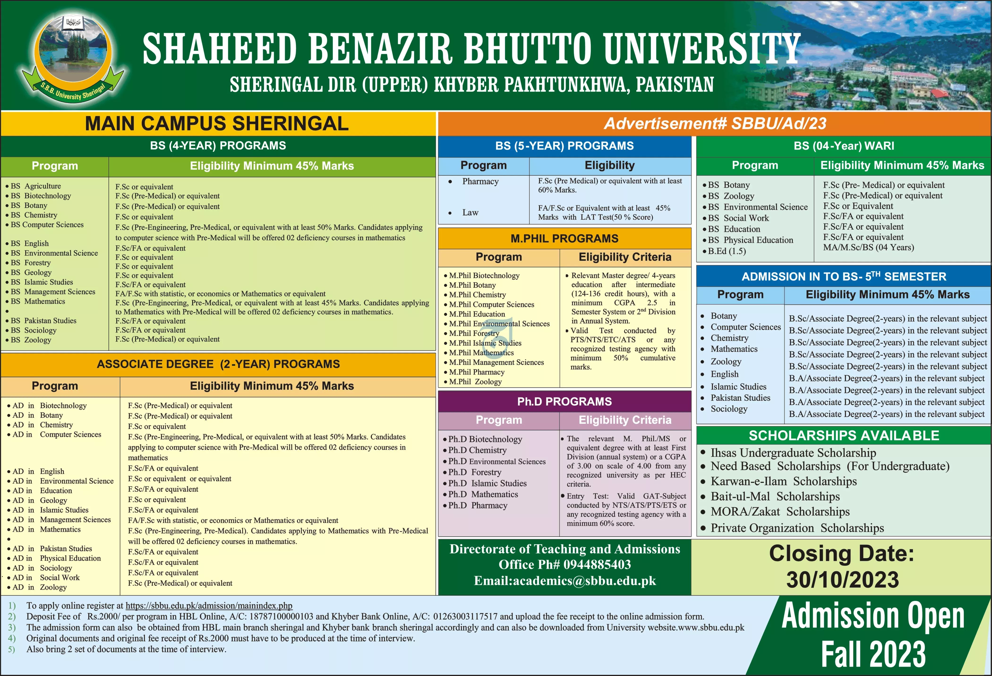 University benazir Bhutto University Sheringal Admissions – Shaheed Benazir Bhutto Women University Peshawar Admissions 2023 — original advertisement