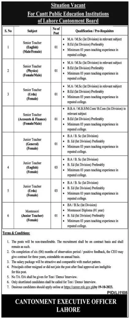 Cantt Public Educational Institution Lahore Jobs 2023 – Pakistan Army Jobs 2023 — original advertisement