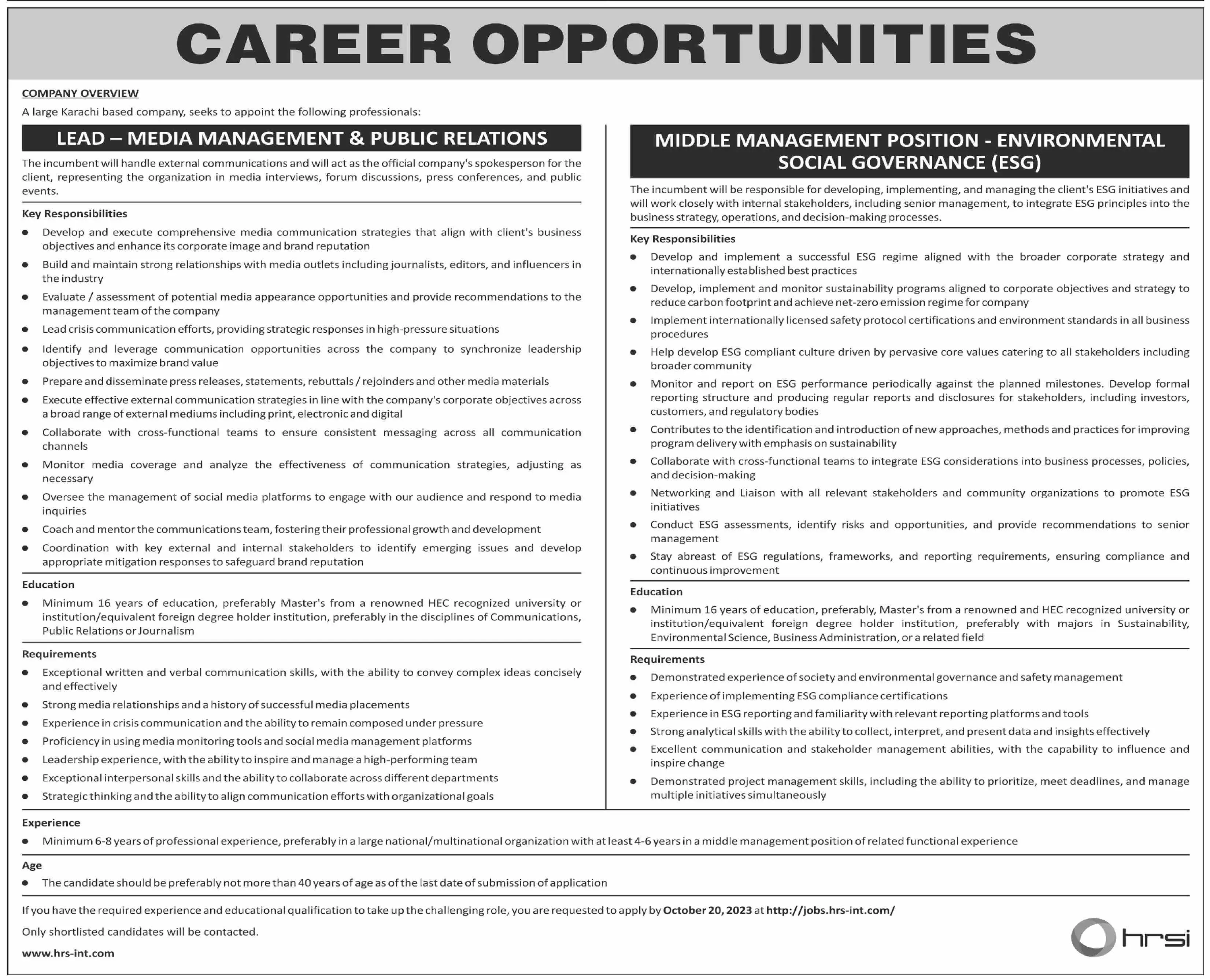 Human Resource Solution International HRSI Karachi Jobs 2023 – HRSG People and Business karachi Jobs 2023 — original advertisement