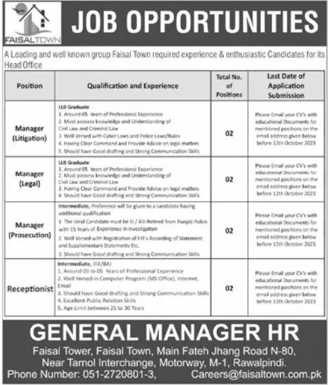 Faisal Town Private Organization Rawalpindi Jobs 2023 – faisal town private limited Jobs 2023 — original advertisement
