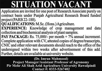 Pir Mehr Ali Shah Arid Agriculture University UAAR Jobs 2023 – Pir Mehr Ali Shah Arid Agriculture University Rawalpinid Jobs 2023 — original advertisement