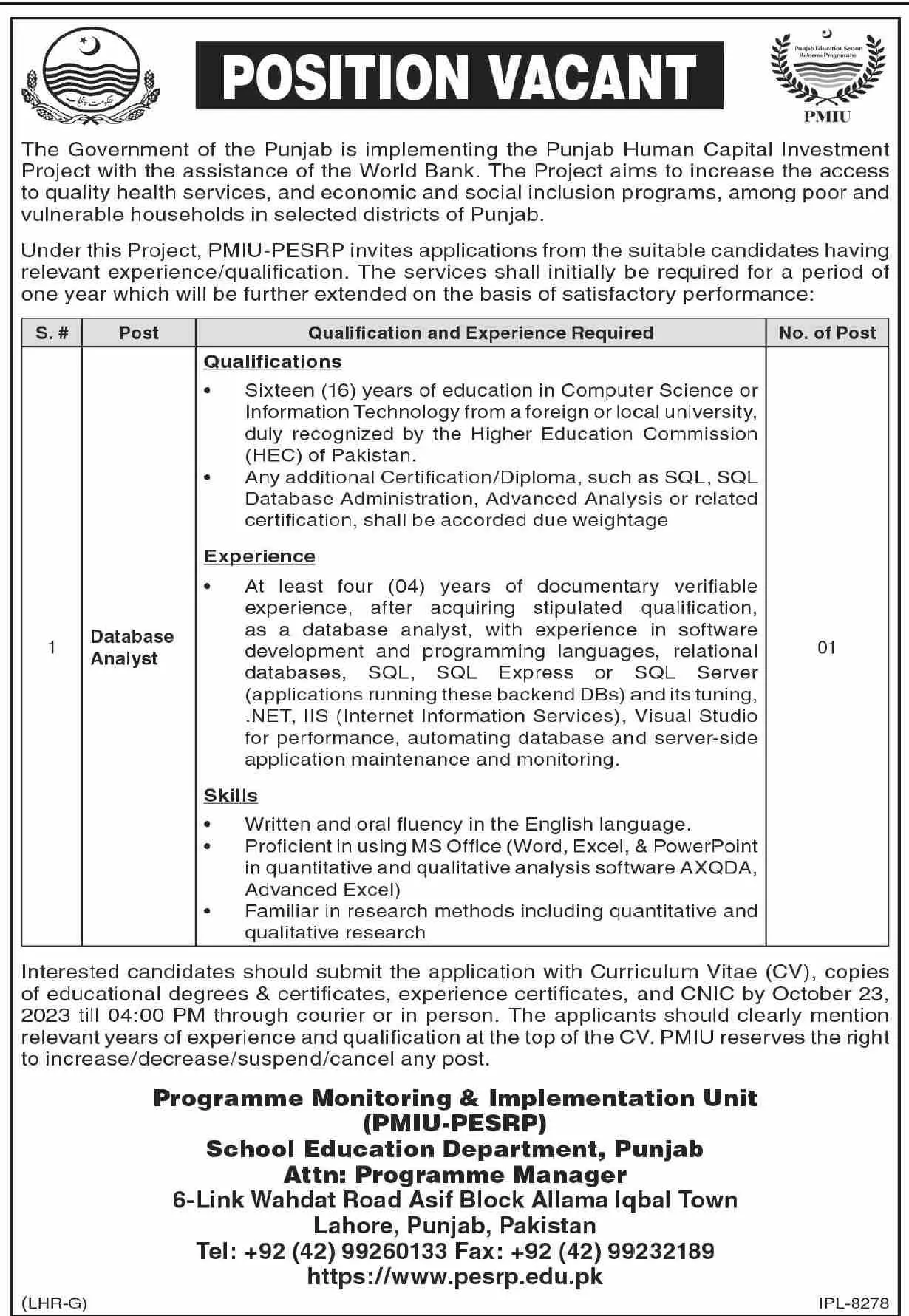 School Education Departmen tLahore Punjab Jobs 2023 – School Education Department Punjab Jobs 2023 — original advertisement