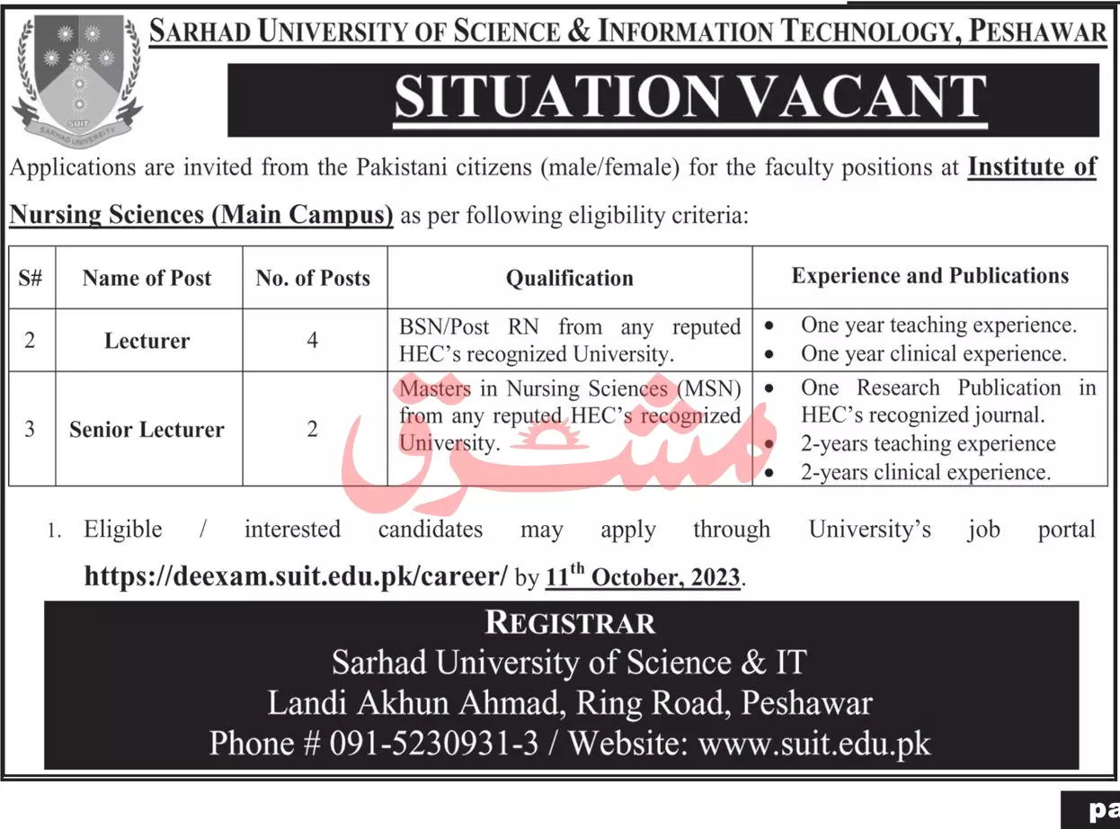 Sarhad University of Science & Information Technology Jobs – Sarhad University of Science and Information Technology Peshawar Jobs 2023 — original advertisement