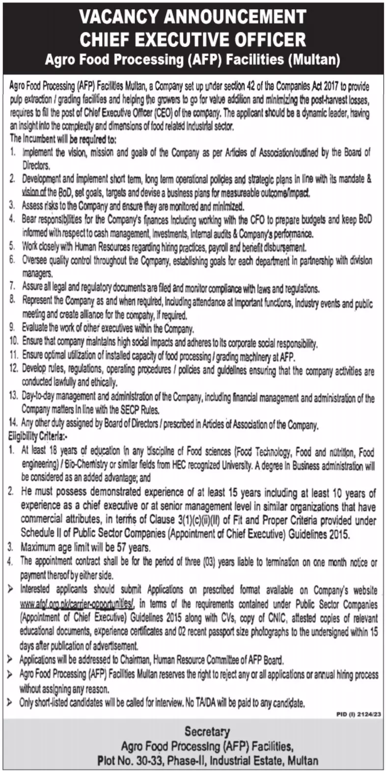 Agro Food Processing AFP Facilities Multan Jobs 2023 – Private Company Jobs 2023 — original advertisement