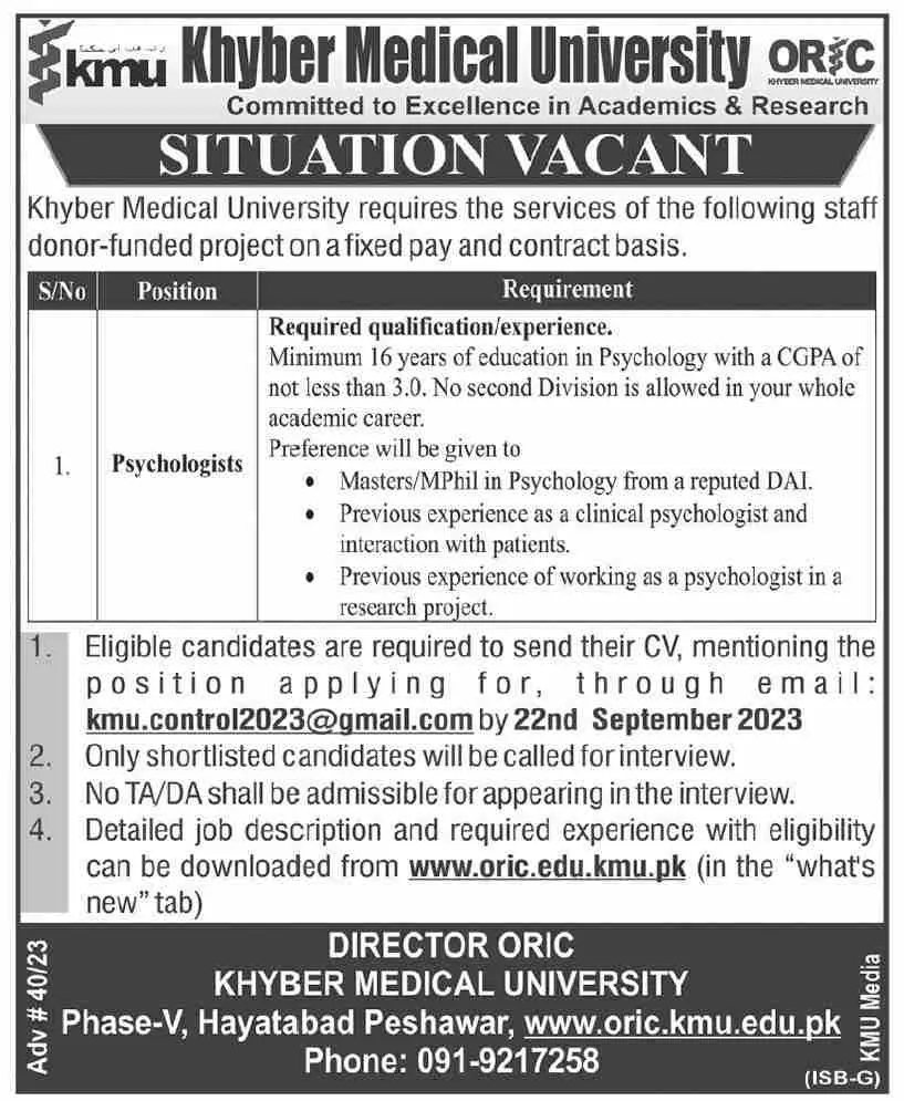 Khyber Medical University Peshawar Job 2023 Jobs 2023 — original advertisement