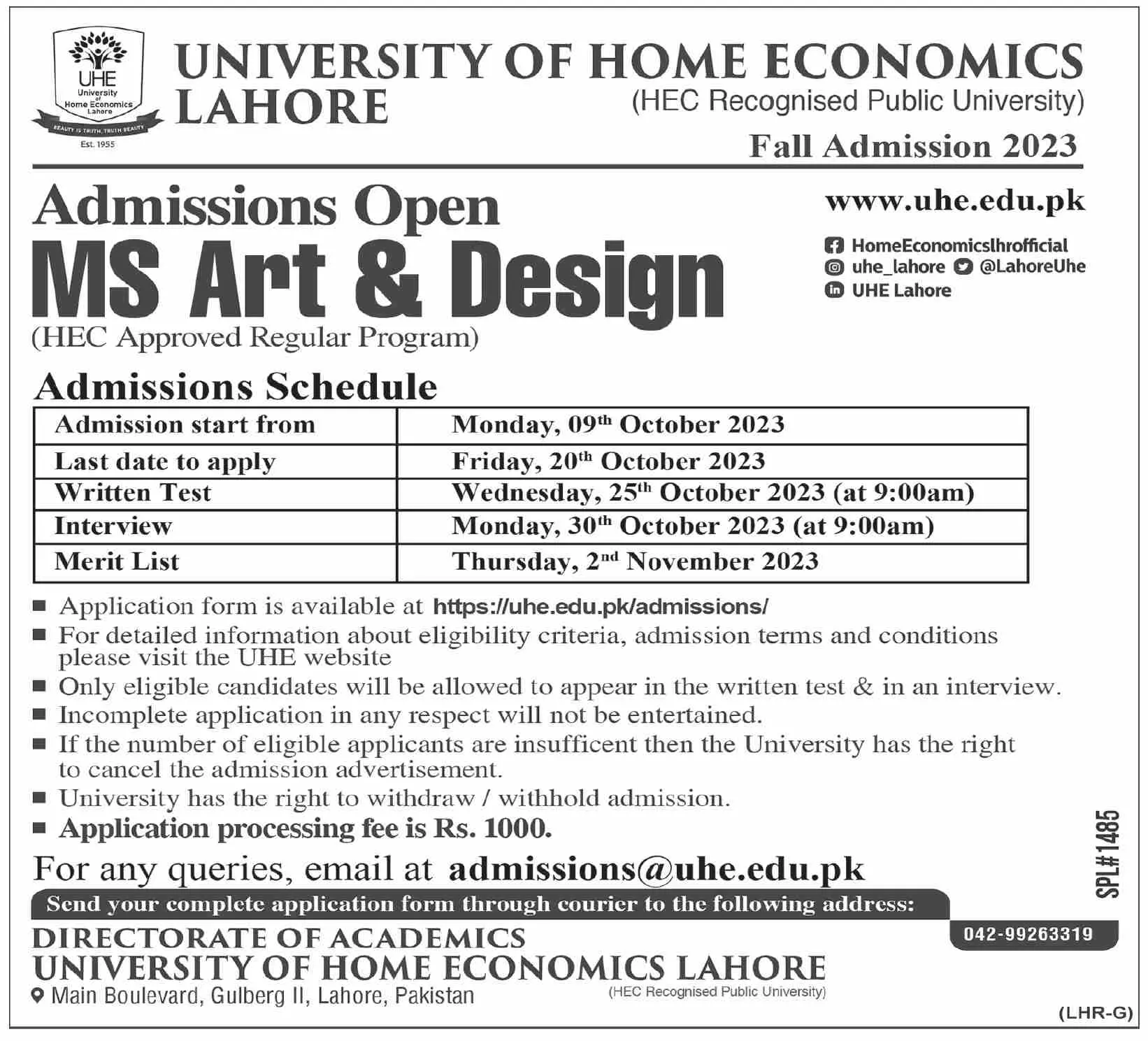 University of Home Ecomomics Lahore Admissions 2023 – University of Home Economics Lahore Admissions 2023 — original advertisement