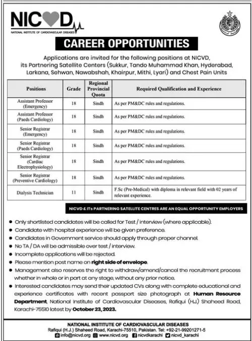 National Institute Of Cardiovascular Diseases NICVD Jobs – National Institute of Cardiovascular Diseases (NICVD) Sindh Karachi Jobs 2023 — original advertisement