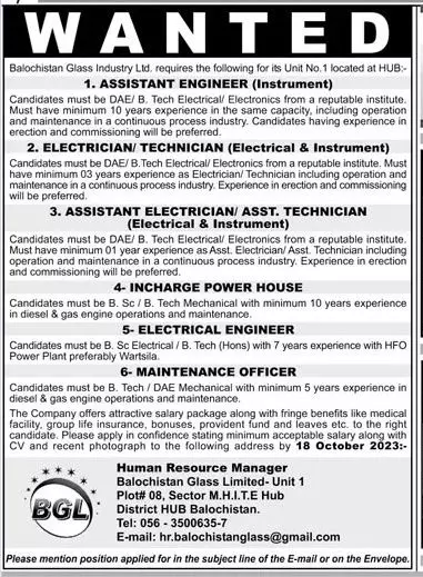 Balochistan Glass Industry Limited Jobs 2023 – Balochistan Glass Limited Jobs 2023 — original advertisement