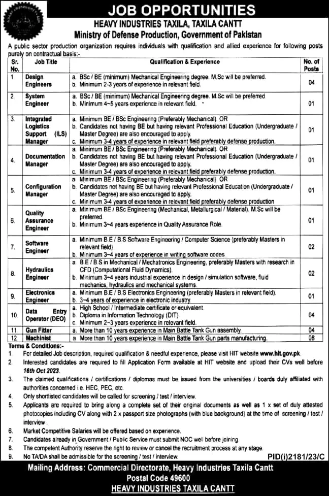 Heavy Industries Taxila Taxila Cantt Jobs 2023 Jobs 2023 — original advertisement