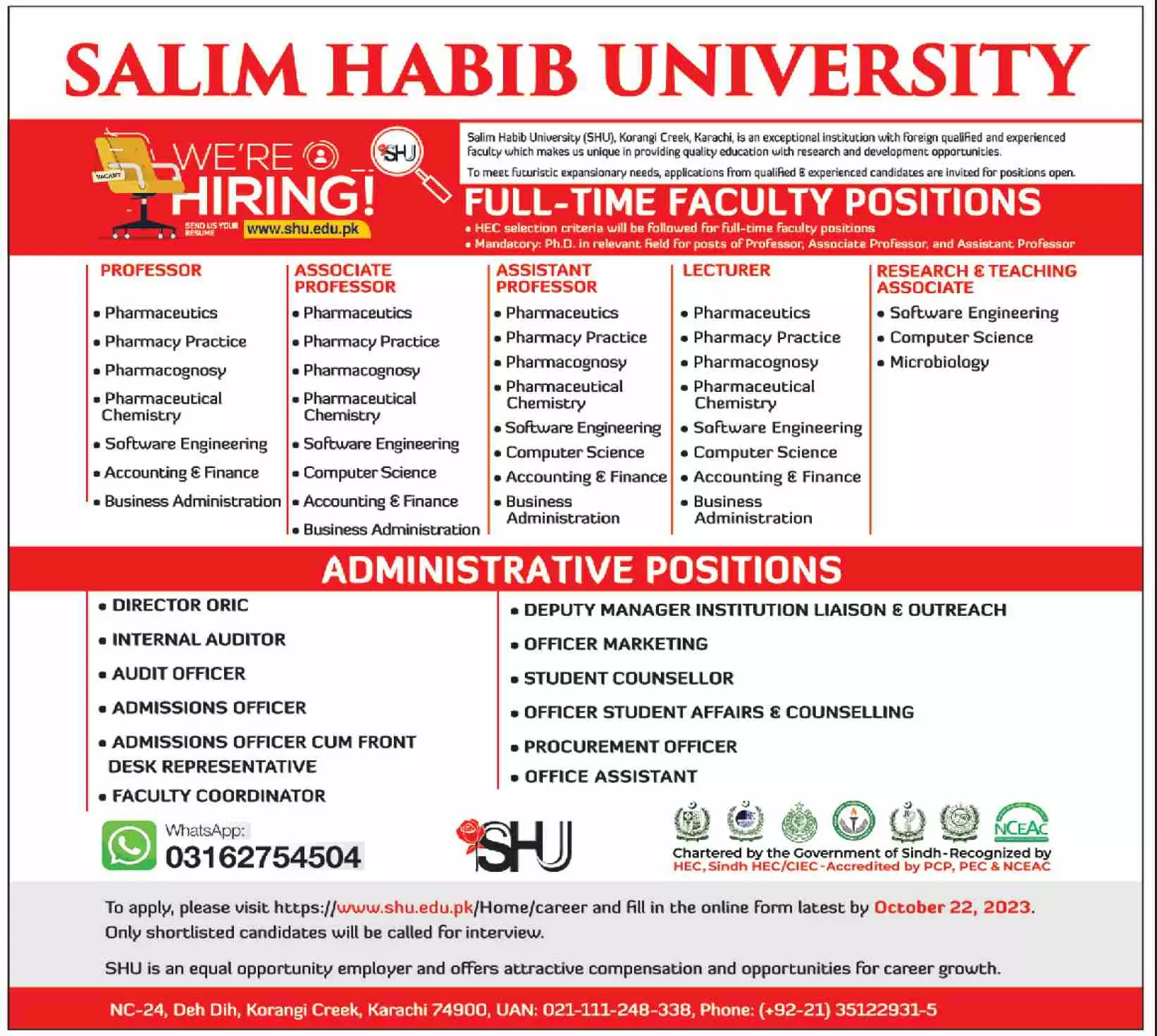 Salim Habib University SHU Karachi Jobs 2023 Admissions 2023 — original advertisement