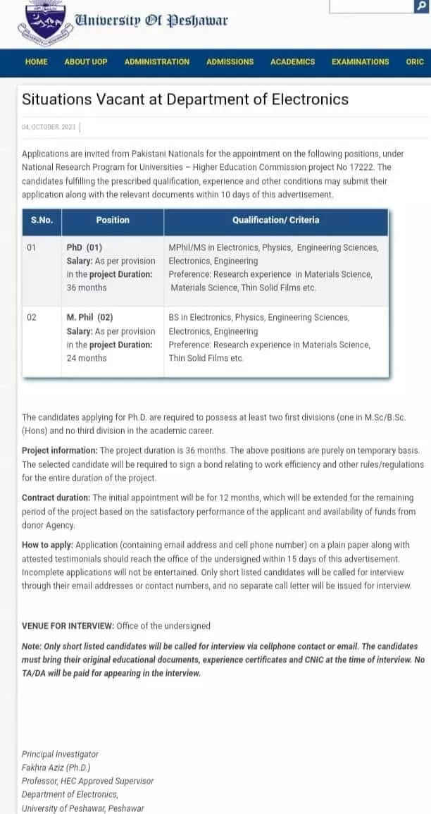 Universiy of Peshawar Jobs 2023 – University of Peshawar Jobs 2023 — original advertisement