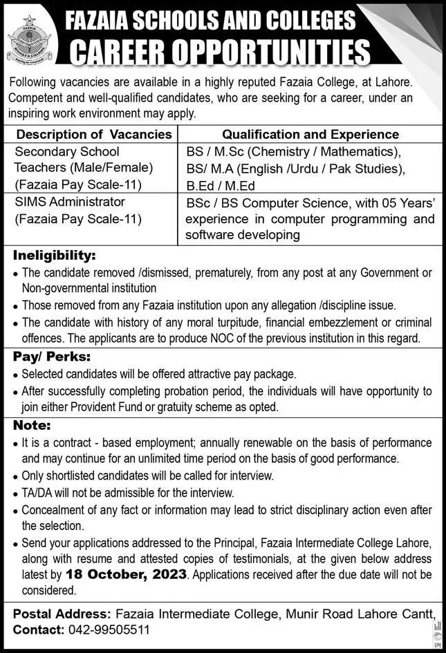 Fazaia Schools and Colleges Lahore Jobs 2023 – Fazaia Schools & Colleges Jobs 2023 — original advertisement