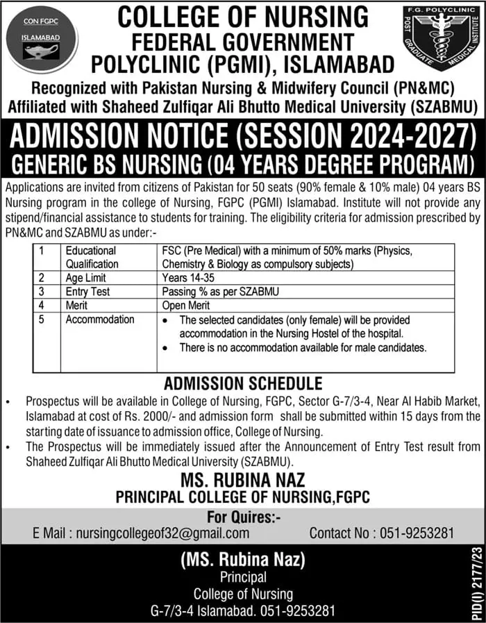 College of Nursing Federal Government Polyclinic Admissions – College Of Nursing SBA Nawabshah Admissions 2023 — original advertisement