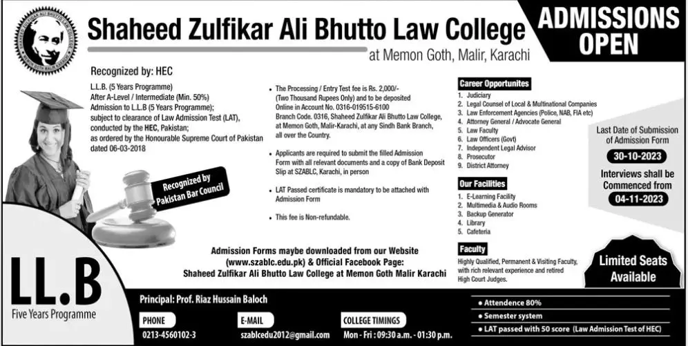 Shaheed Zulifqar Ali Bhutto University of Law Admission 2023 – Shaheed Zulfiqar Ali Bhutto University of Law Karachi Admissions 2023 — original advertisement